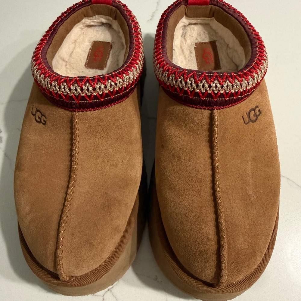 UGG Chestnut Suede Slip-On Mules with Red Trim